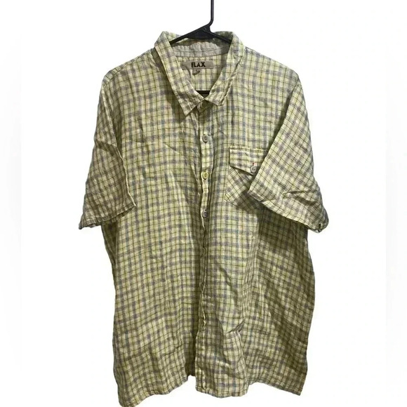 Men’s Flax Yellow Plaid Button Front Short Sleeve Shirt Size Large - Picture 1 of 4